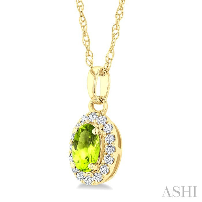 5x3 MM Oval Shape Peridot and 1/20 Ctw Round Cut Diamond Halo Semi-Precious Pendant with Chain in 10K Yellow Gold