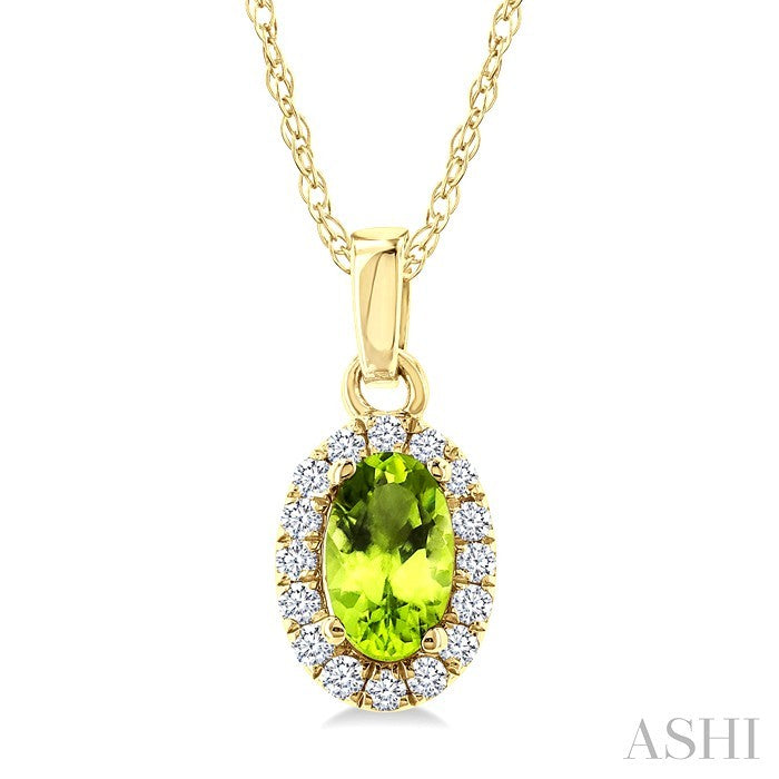 5x3 MM Oval Shape Peridot and 1/20 Ctw Round Cut Diamond Halo Semi-Precious Pendant with Chain in 10K Yellow Gold
