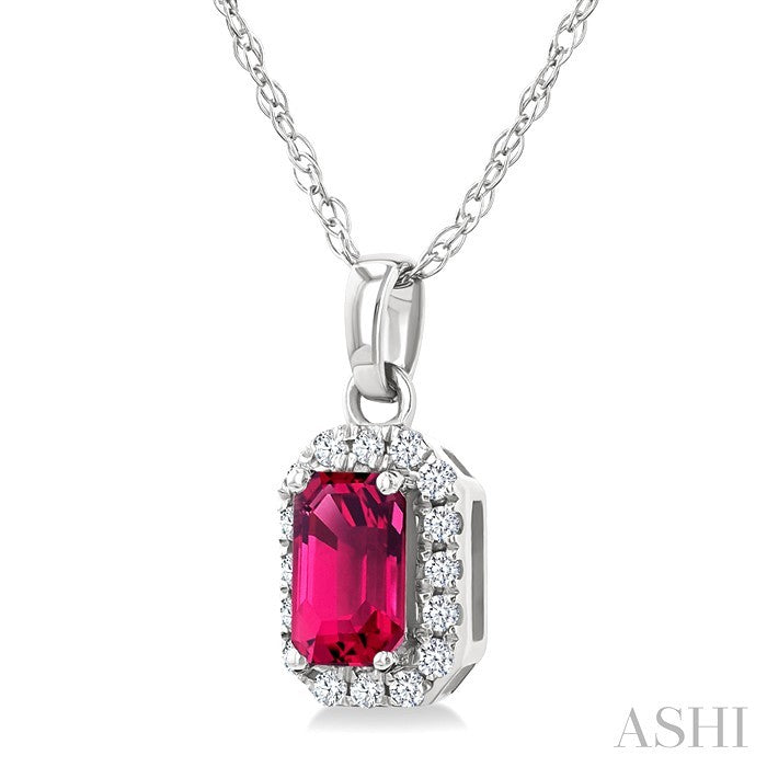 5x3 MM Octagonal Shape Pink Tourmaline and 1/20 Ctw Round Cut Diamond Halo Semi-Precious Pendant with Chain in 10K White Gold