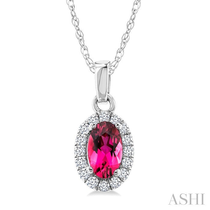 5x3 MM Oval Shape Pink Tourmaline and 1/20 Ctw Round Cut Diamond Halo Semi-Precious Pendant with Chain in 10K White Gold