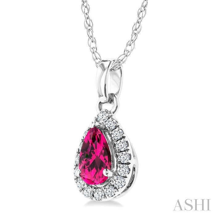 5x3 MM Pear Shape Pink Tourmaline and 1/20 Ctw Round Cut Diamond Halo Semi-Precious Pendant with Chain in 10K White Gold