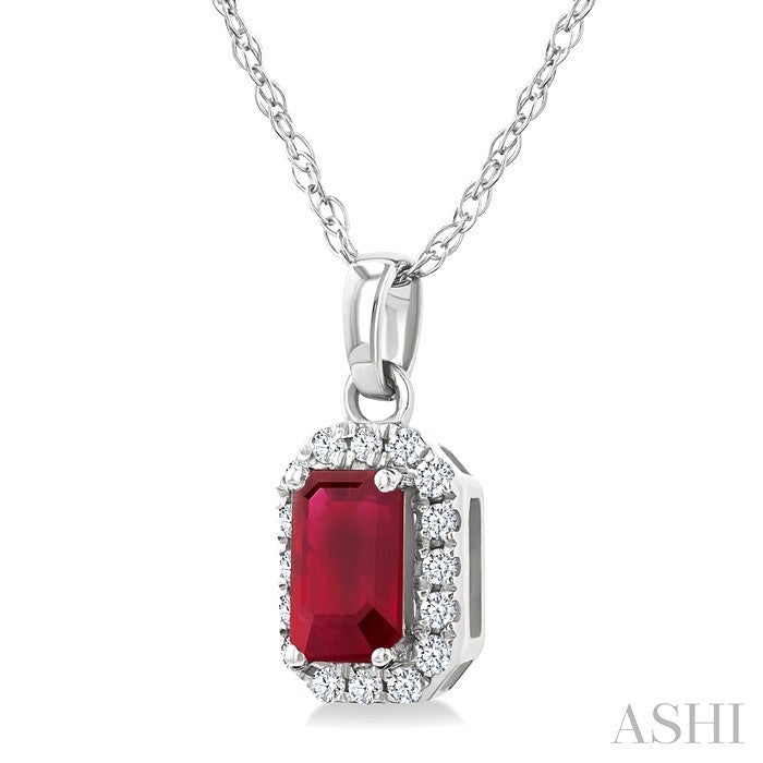 5x3 MM Octagonal Shape Ruby and 1/20 Ctw Round Cut Diamond Halo Precious Pendant with Chain in 10K White Gold