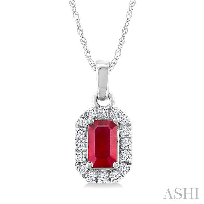 5x3 MM Octagonal Shape Ruby and 1/20 Ctw Round Cut Diamond Halo Precious Pendant with Chain in 10K White Gold