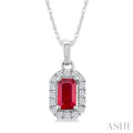 5x3 MM Octagonal Shape Ruby and 1/20 Ctw Round Cut Diamond Halo Precious Pendant with Chain in 10K White Gold