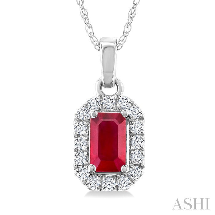 5x3 MM Octagonal Shape Ruby and 1/20 Ctw Round Cut Diamond Halo Precious Pendant with Chain in 10K White Gold