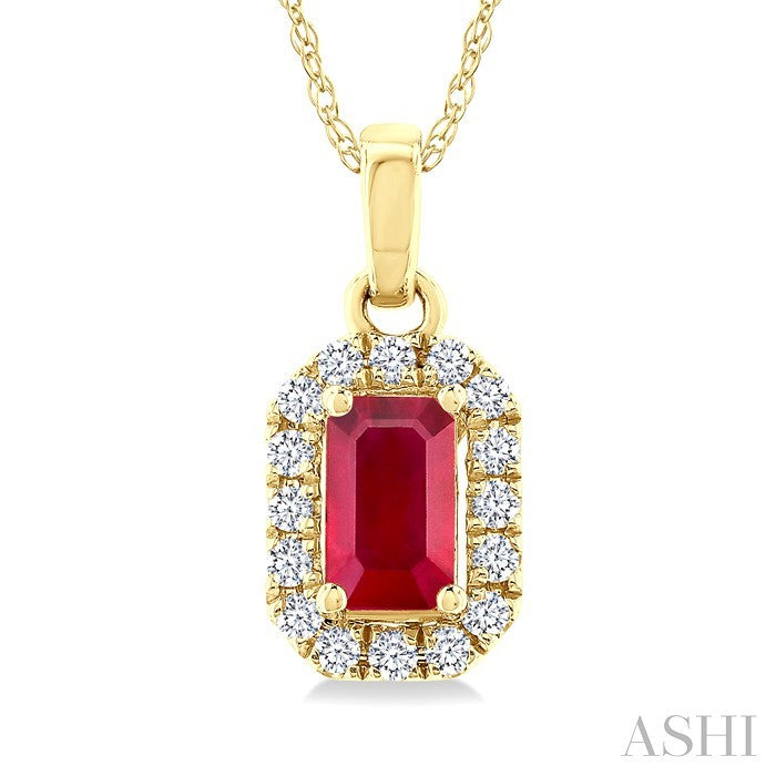 5x3 MM Octagonal Shape Ruby and 1/20 Ctw Round Cut Diamond Halo Precious Pendant with Chain in 10K Yellow Gold