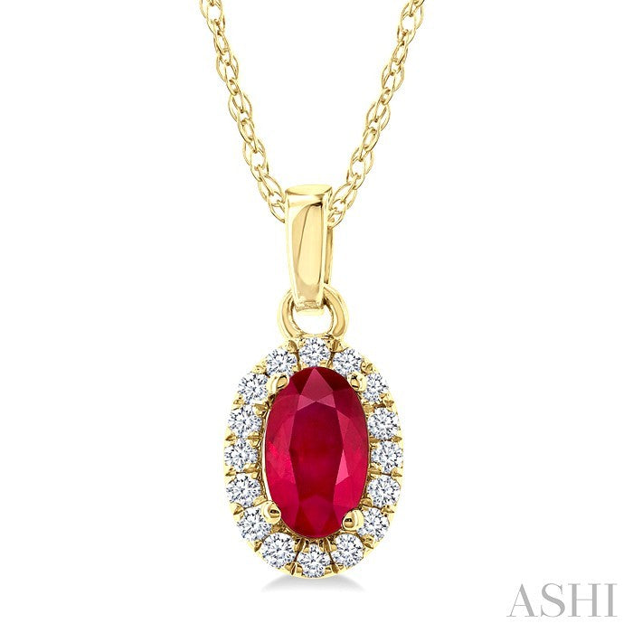 5x3 MM Oval Shape Ruby and 1/20 Ctw Round Cut Diamond Halo Precious Pendant with Chain in 10K Yellow Gold