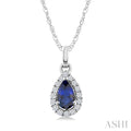 5x3 MM Pear Shape Sapphire and 1/20 Ctw Round Cut Diamond Halo Precious Pendant with Chain in 10K White Gold
