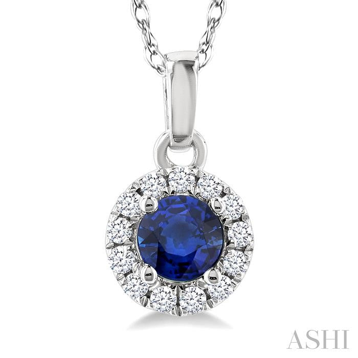 3.25 MM Round Sapphire and 1/20 Ctw Round Cut Diamond Halo Precious Pendant with Chain in 10K White Gold