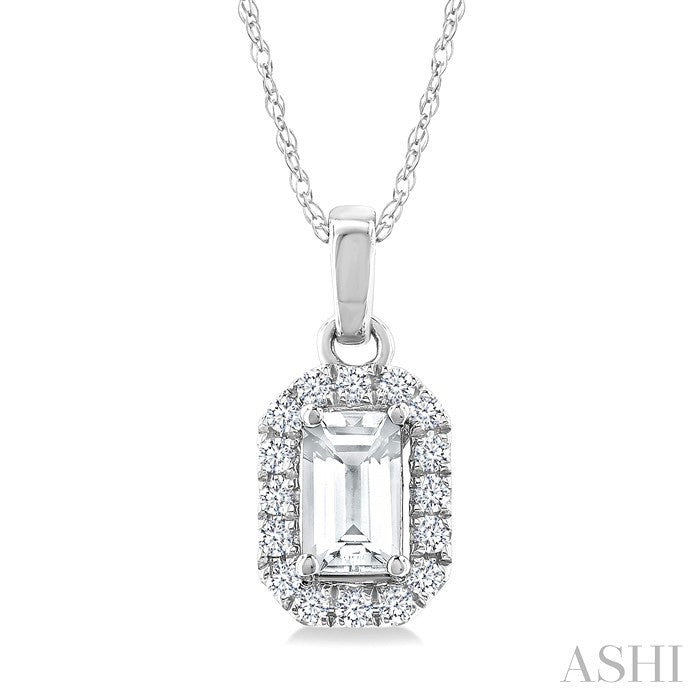 5x3 MM Octagonal Shape White Topaz and 1/20 Ctw Round Cut Diamond Halo Semi-Precious Pendant with Chain in 10K White Gold