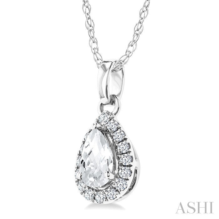 5x3 MM Pear Shape White Topaz and 1/20 Ctw Round Cut Diamond Halo Semi-Precious Pendant with Chain in 10K White Gold