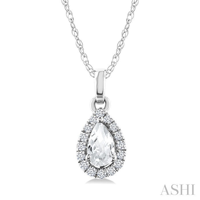 5x3 MM Pear Shape White Topaz and 1/20 Ctw Round Cut Diamond Halo Semi-Precious Pendant with Chain in 10K White Gold