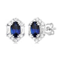 5x3 MM Oval Cut Sapphire and 1/3 Ctw Baguette & Round Cut Diamond Hexagon Shape Halo Precious Stud Earrings in 10K White Gold