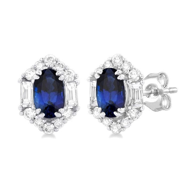 5x3 MM Oval Cut Sapphire and 1/3 Ctw Baguette & Round Cut Diamond Hexagon Shape Halo Precious Stud Earrings in 10K White Gold