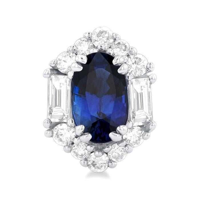 5x3 MM Oval Cut Sapphire and 1/3 Ctw Baguette & Round Cut Diamond Hexagon Shape Halo Precious Stud Earrings in 10K White Gold