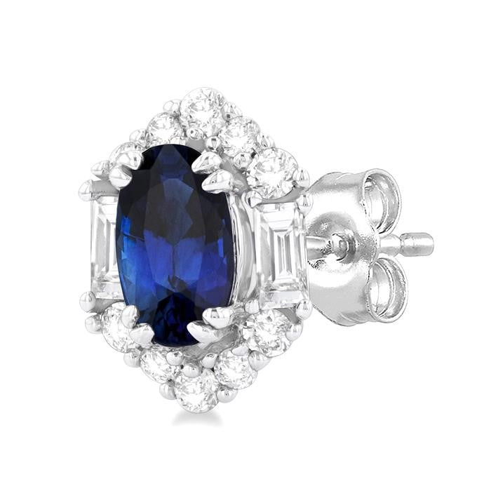 5x3 MM Oval Cut Sapphire and 1/3 Ctw Baguette & Round Cut Diamond Hexagon Shape Halo Precious Stud Earrings in 10K White Gold