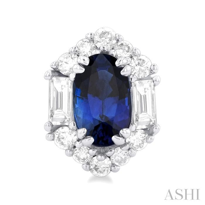 5x3 MM Oval Cut Sapphire and 1/3 Ctw Baguette & Round Cut Diamond Hexagon Shape Halo Precious Stud Earrings in 10K White Gold
