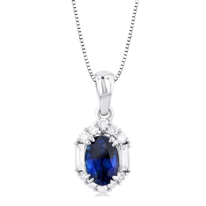 6x4 MM Oval Cut Sapphire and 1/5 Ctw Baguette & Round Cut Diamond Hexagon Shape Halo Precious Pendant With Chain in 10K White Gold