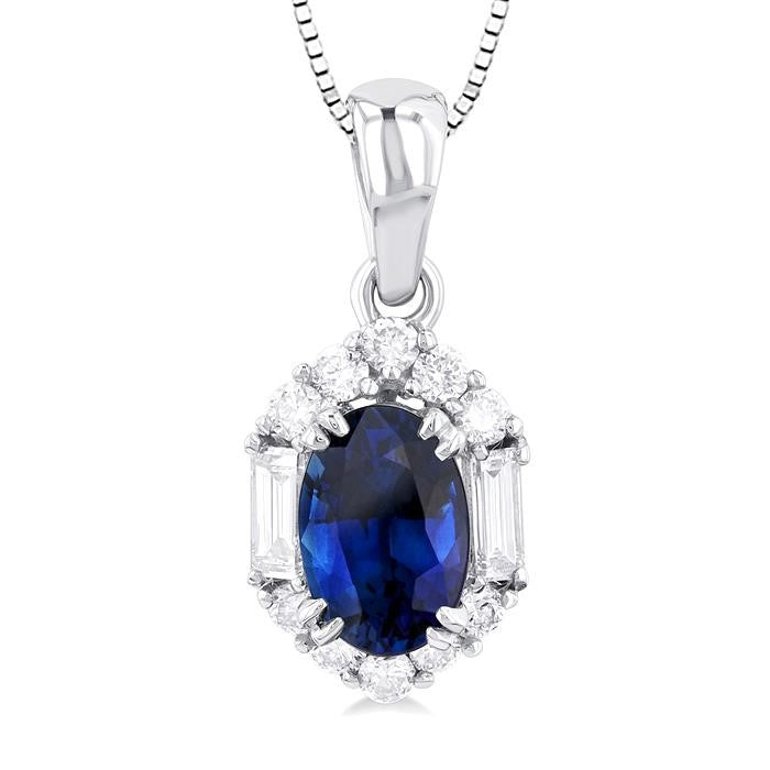 6x4 MM Oval Cut Sapphire and 1/5 Ctw Baguette & Round Cut Diamond Hexagon Shape Halo Precious Pendant With Chain in 10K White Gold