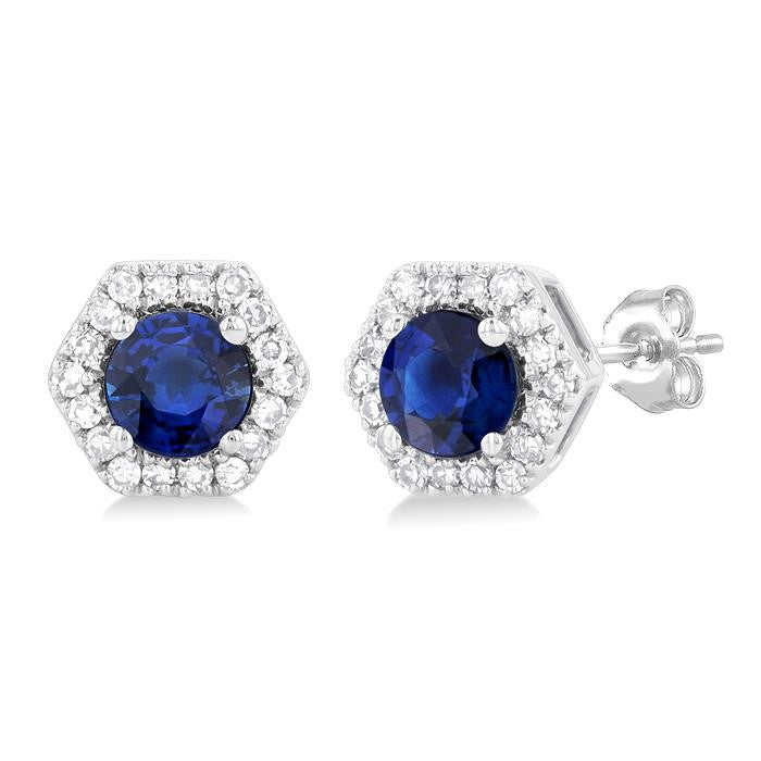 3.5 MM Round Sapphire and 1/10 Ctw Round Cut Diamonds Halo Precious Stud Earrings in 10K White Gold