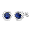 3.5 MM Round Sapphire and 1/10 Ctw Round Cut Diamonds Halo Precious Stud Earrings in 10K White Gold