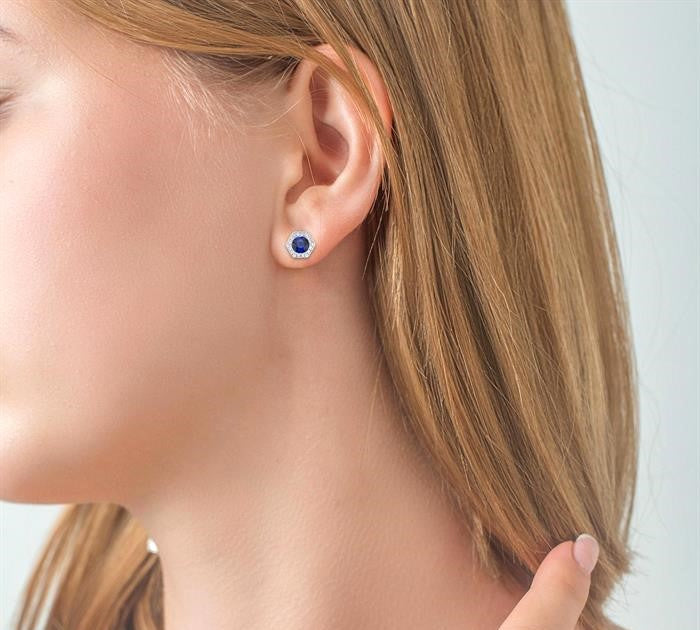 3.5 MM Round Sapphire and 1/10 Ctw Round Cut Diamonds Halo Precious Stud Earrings in 10K White Gold