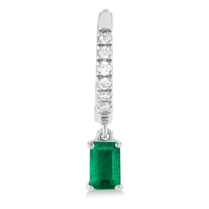 5x3 MM Emerald Cut Emerald and 1/8 Ctw Round Cut Diamond Precious Petite Fashion Huggies in 10K White Gold