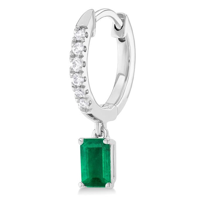 5x3 MM Emerald Cut Emerald and 1/8 Ctw Round Cut Diamond Precious Petite Fashion Huggies in 10K White Gold