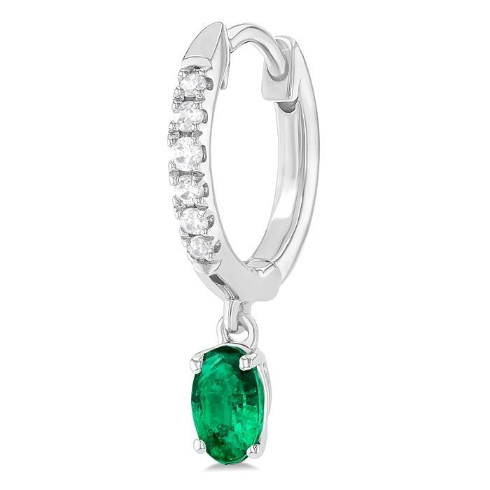 5x3 MM Oval Cut Emerald and 1/8 Ctw Petite Round Cut Diamond Precious Fashion Huggies in 10K White Gold