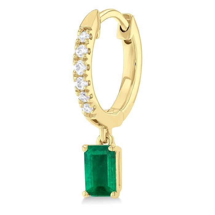 5x3 MM Emerald Cut Emerald and 1/8 Ctw Round Cut Diamond Precious Petite Fashion Huggies in 10K Yellow Gold