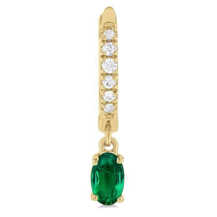 5x3 MM Oval Cut Emerald and 1/8 Ctw Petite Round Cut Diamond Precious Fashion Huggies in 10K Yellow Gold