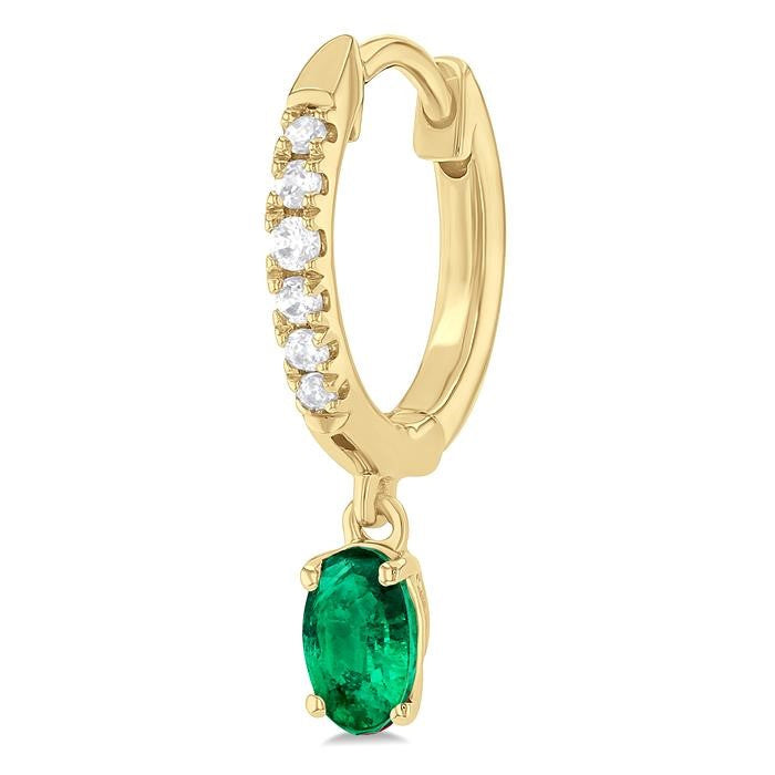 5x3 MM Oval Cut Emerald and 1/8 Ctw Petite Round Cut Diamond Precious Fashion Huggies in 10K Yellow Gold
