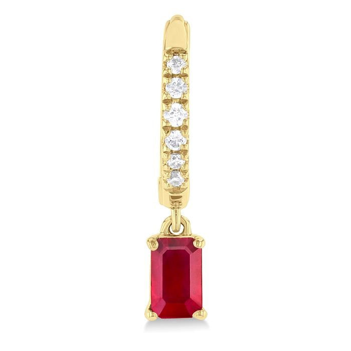 5x3 MM Emerald Cut Drop Ruby and 1/8 Ctw Petite Round Cut Diamond Precious Fashion Huggies in 10K Yellow Gold
