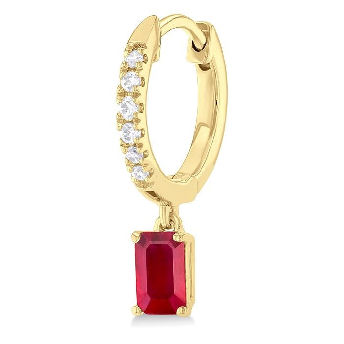 5x3 MM Emerald Cut Drop Ruby and 1/8 Ctw Petite Round Cut Diamond Precious Fashion Huggies in 10K Yellow Gold