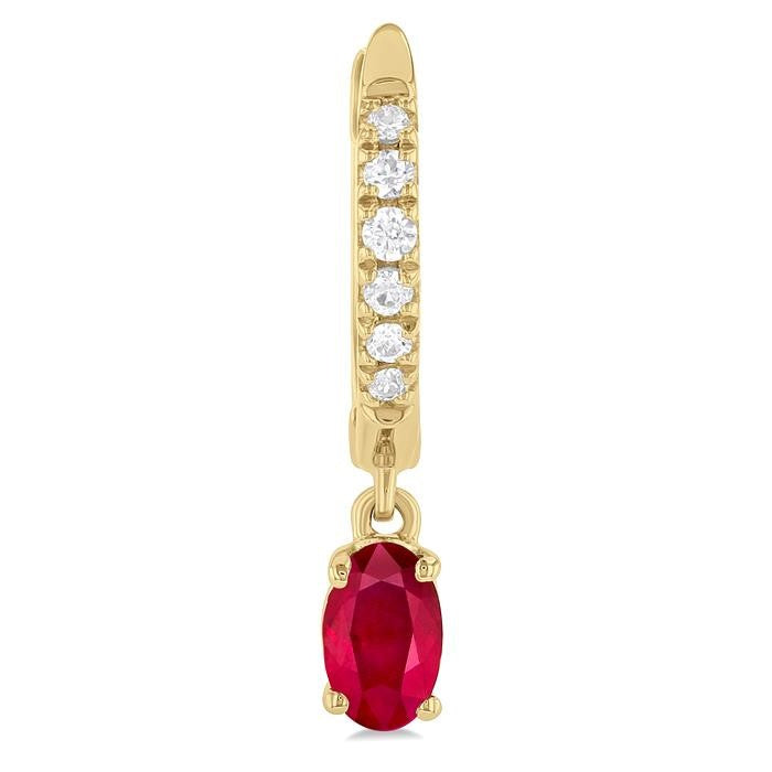5x3 MM Oval Cut Ruby and 1/8 Ctw Petite Round Cut Diamond Precious Fashion Huggies in 10K Yellow Gold