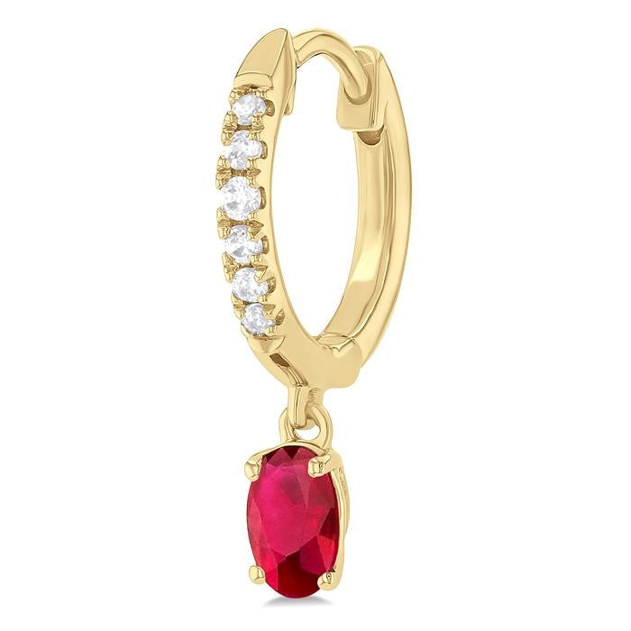 5x3 MM Oval Cut Ruby and 1/8 Ctw Petite Round Cut Diamond Precious Fashion Huggies in 10K Yellow Gold