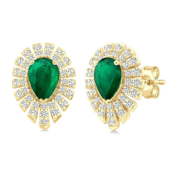 5X3 MM Pear Cut Emerald and 1/3 Ctw Starburst Round Cut Diamond Precious Stud Earrings in 14K Yellow Gold