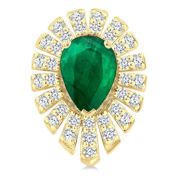 5X3 MM Pear Cut Emerald and 1/3 Ctw Starburst Round Cut Diamond Precious Stud Earrings in 14K Yellow Gold