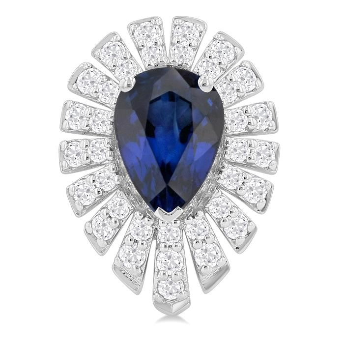 5X3 MM Pear Cut Sapphire and 1/3 Ctw Starburst Round Cut Diamond Precious Stud Earrings in 14K White Gold