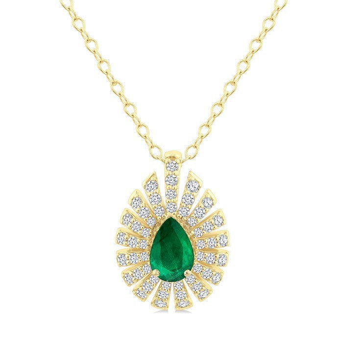 1/3 Ctw Starburst 6X4MM Pear Cut Emerald and Round Cut Diamond Precious Pendant With Chain in 14K Yellow Gold