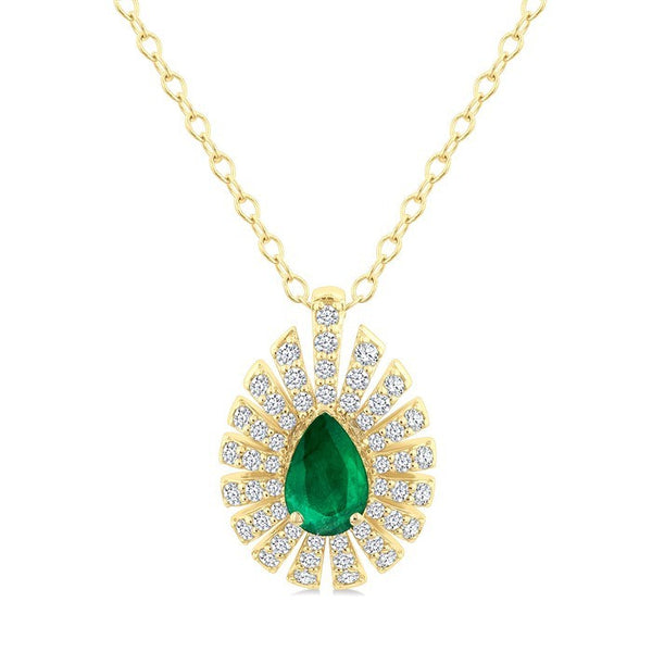 1/3 Ctw Starburst 6X4MM Pear Cut Emerald and Round Cut Diamond Precious Pendant With Chain in 14K Yellow Gold