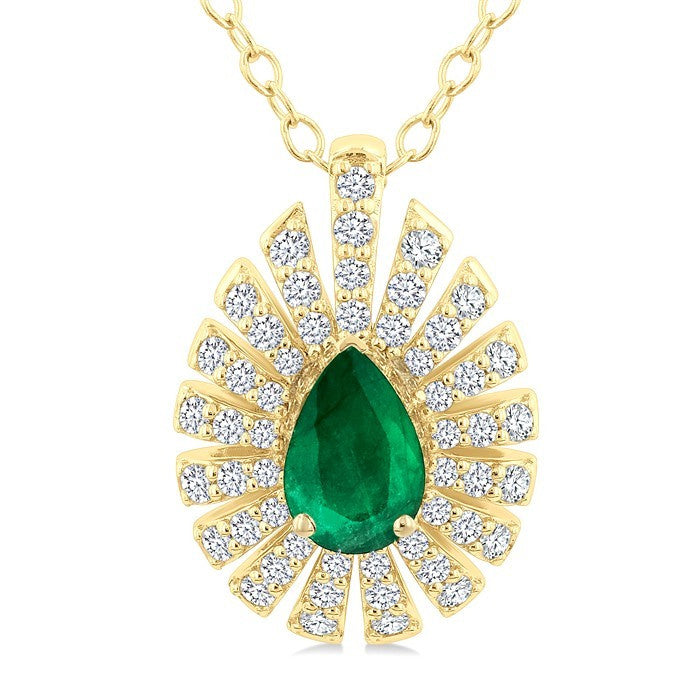 1/3 Ctw Starburst 6X4MM Pear Cut Emerald and Round Cut Diamond Precious Pendant With Chain in 14K Yellow Gold