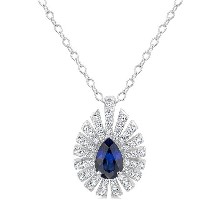 6X4 MM Pear Cut Sapphire and 1/3 Ctw Starburst Round Cut Diamond Precious Pendant With Chain in 14K White Gold