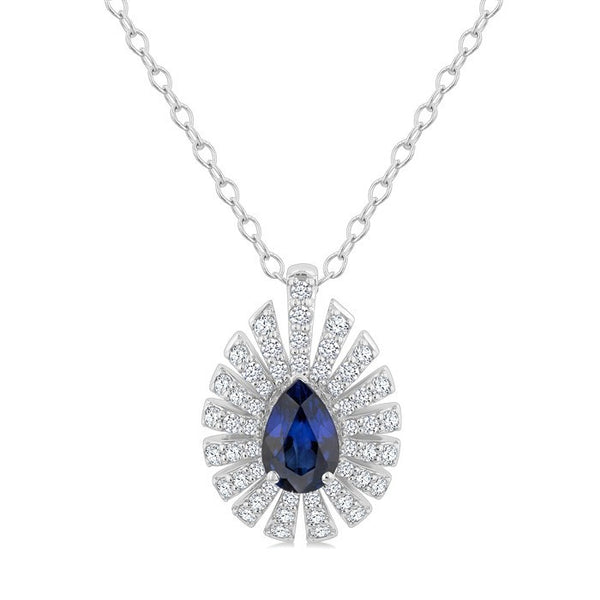 6X4 MM Pear Cut Sapphire and 1/3 Ctw Starburst Round Cut Diamond Precious Pendant With Chain in 14K White Gold