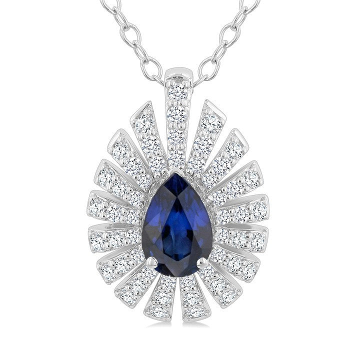 6X4 MM Pear Cut Sapphire and 1/3 Ctw Starburst Round Cut Diamond Precious Pendant With Chain in 14K White Gold