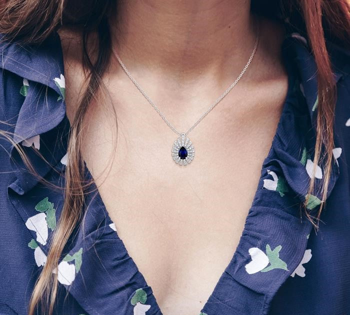 6X4 MM Pear Cut Sapphire and 1/3 Ctw Starburst Round Cut Diamond Precious Pendant With Chain in 14K White Gold