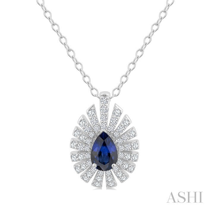 6X4 MM Pear Cut Sapphire and 1/3 Ctw Starburst Round Cut Diamond Precious Pendant With Chain in 14K White Gold