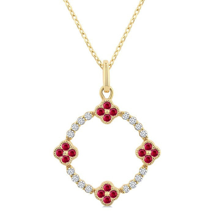 1.25 MM Clover Circle Ruby and 1/8 Ctw Round Cut Diamond Precious Pendant With Chain in 10K Yellow Gold