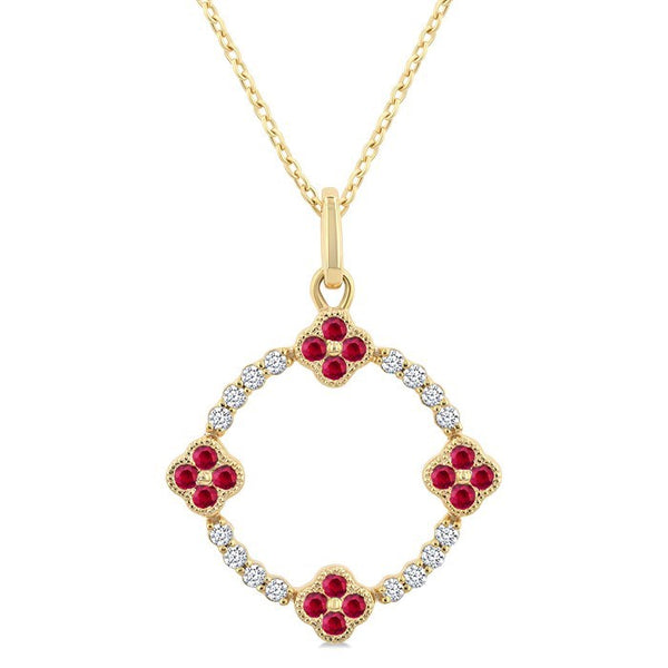1.25 MM Clover Circle Ruby and 1/8 Ctw Round Cut Diamond Precious Pendant With Chain in 10K Yellow Gold