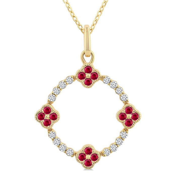 1.25 MM Clover Circle Ruby and 1/8 Ctw Round Cut Diamond Precious Pendant With Chain in 10K Yellow Gold